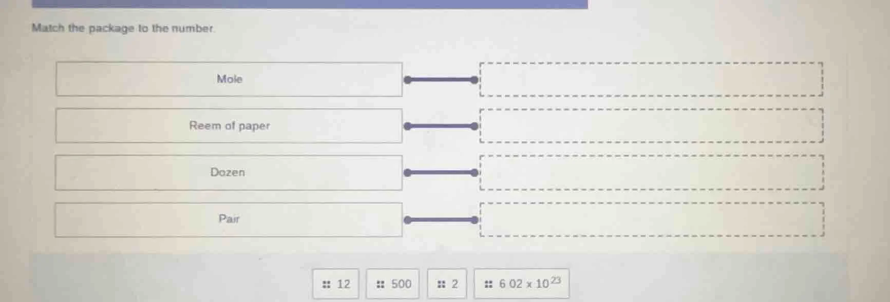 match the package to the number. mole reem of paper dozen pair 12 500 2…