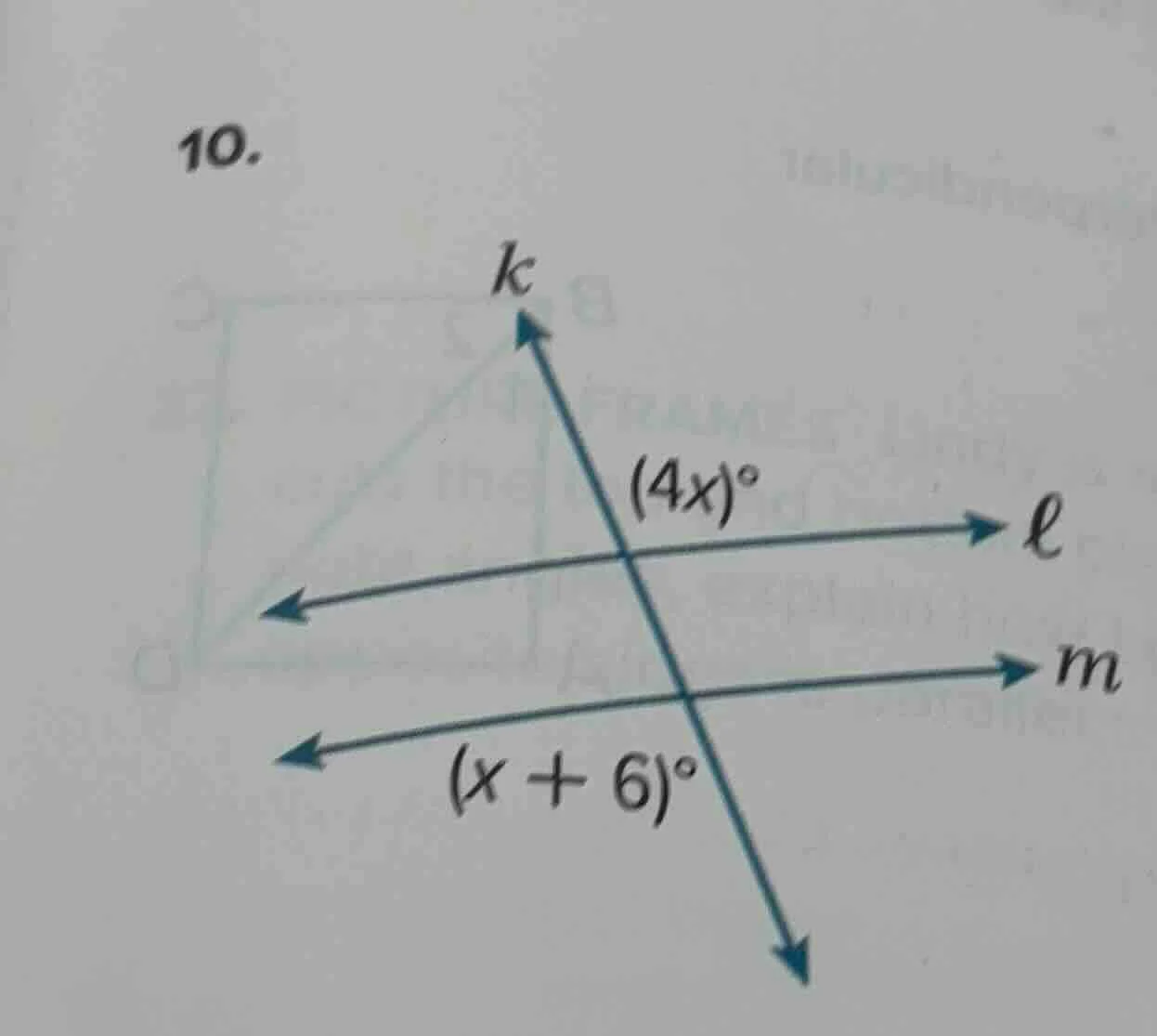 10. there is a diagram with two parallel lines ( l ) and ( m ), and a t…