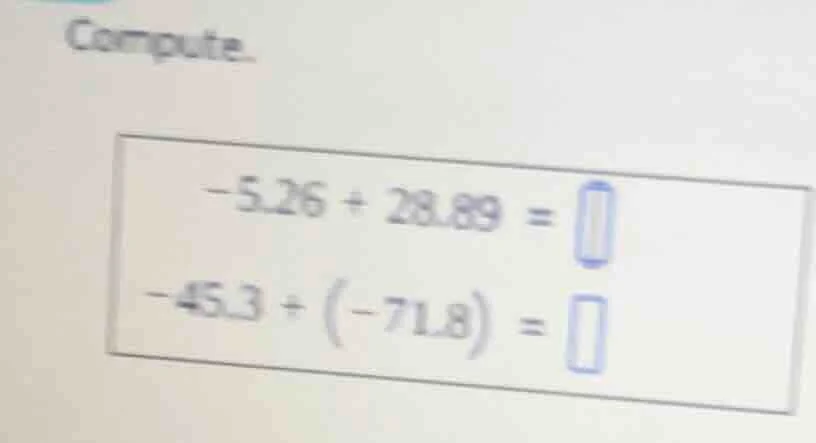 compute. -5.26 + 28.89 = -45.3 + (-71.8) =