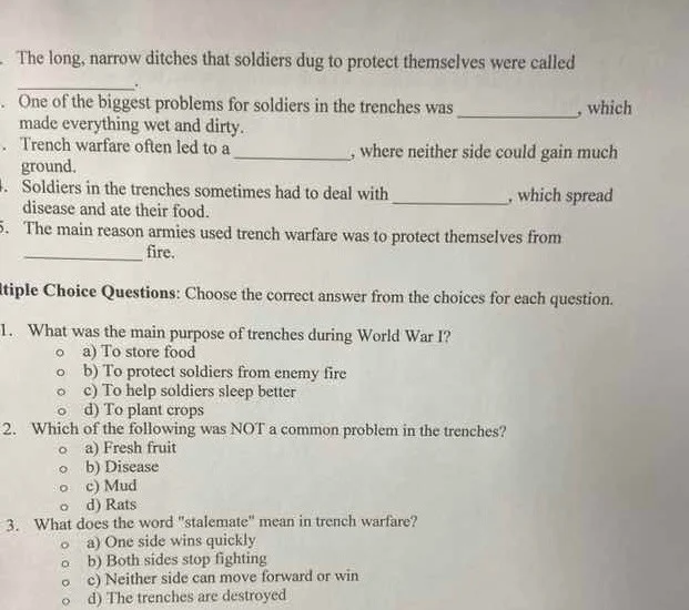 the long, narrow ditches that soldiers dug to protect themselves were c…