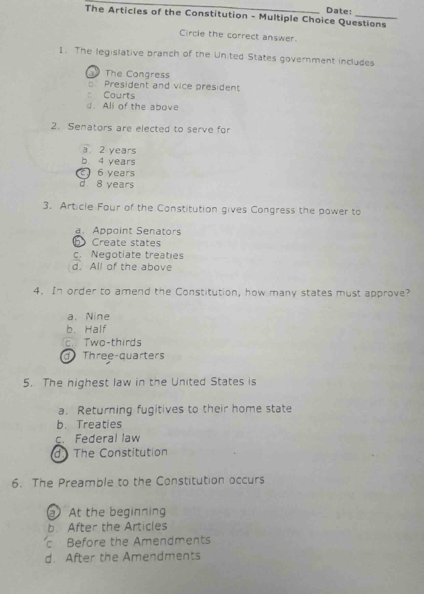 the articles of the constitution - multiple choice questions circle the…