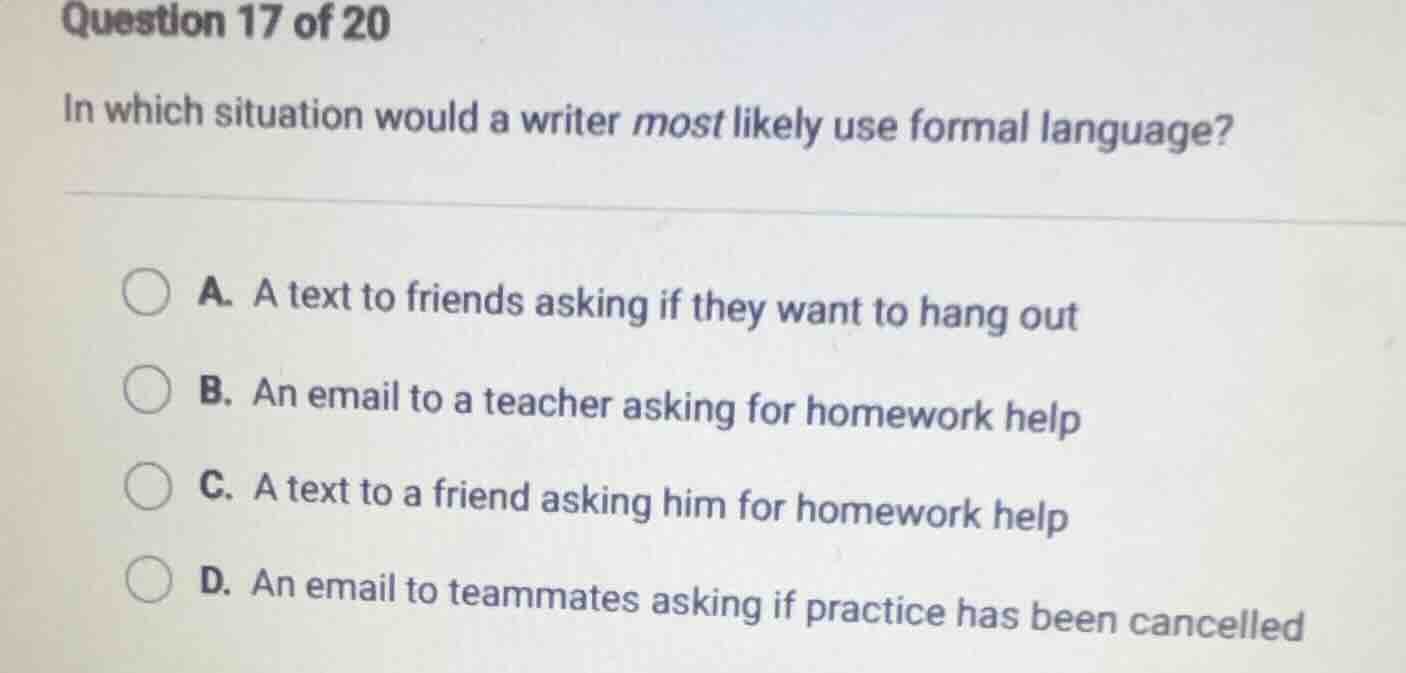 question 17 of 20 in which situation would a writer most likely use for…