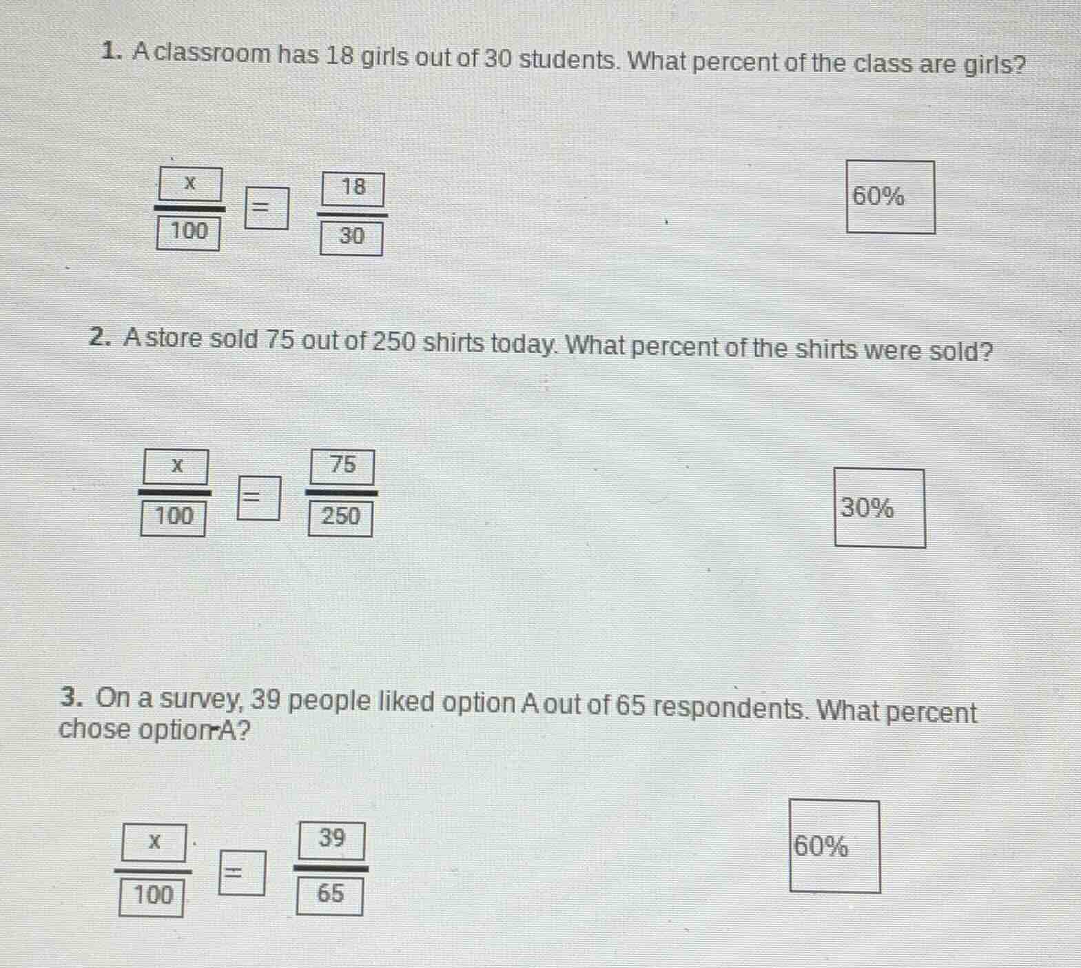 1. a classroom has 18 girls out of 30 students. what percent of the cla…