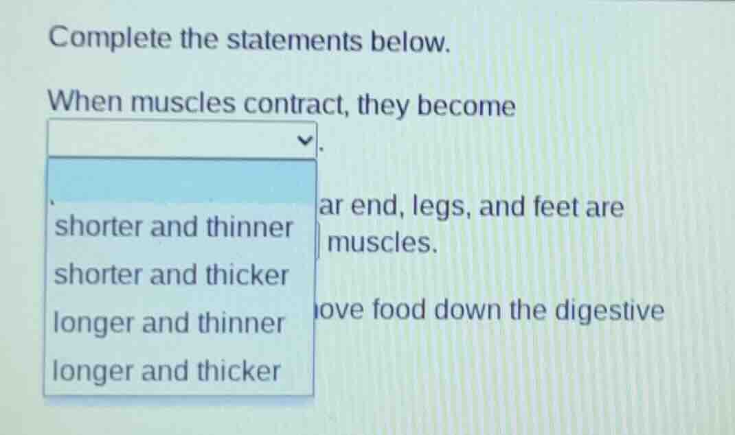 complete the statements below. when muscles contract, they become ▼. sh…