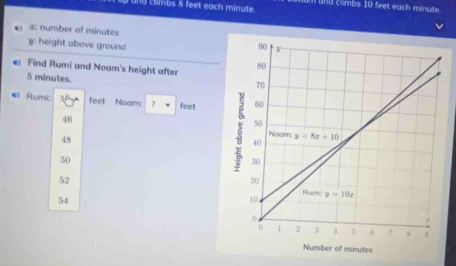 x: number of minutes y: height above ground find rumi and noams height …