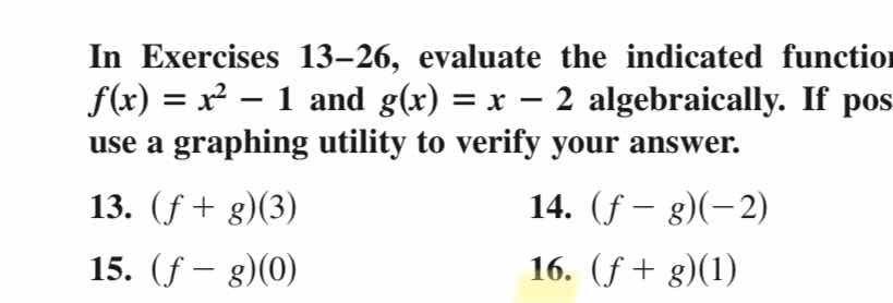 in exercises 13–26, evaluate the indicated function f(x) = x² − 1 and g…
