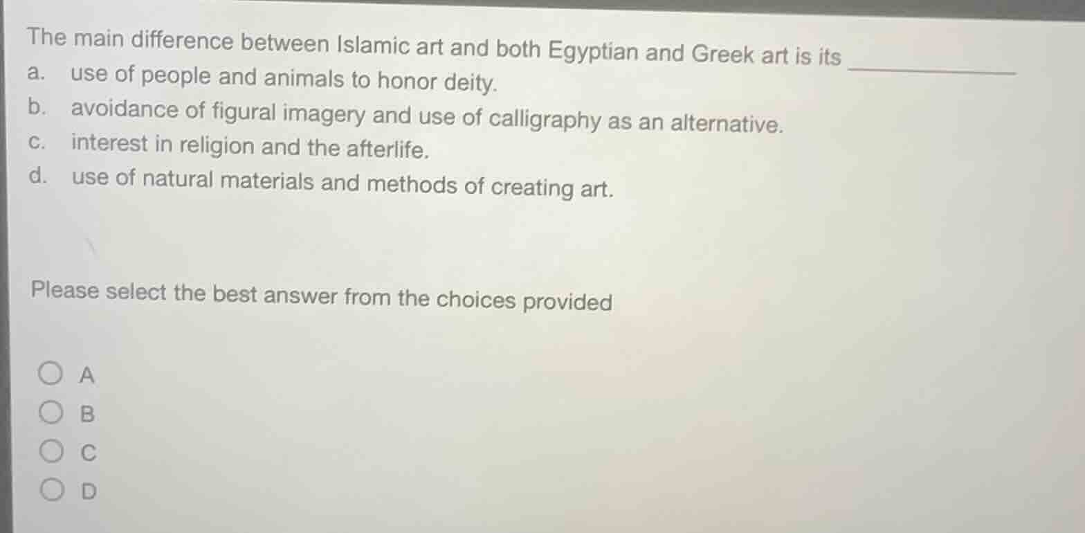 the main difference between islamic art and both egyptian and greek art…