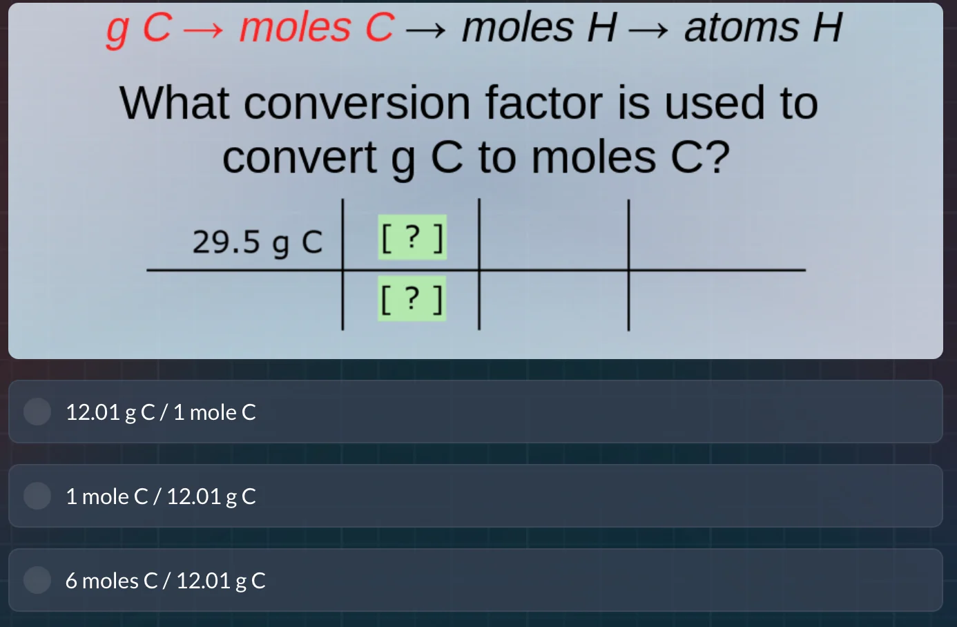 g c → moles c → moles h → atoms h what conversion factor is used to con…