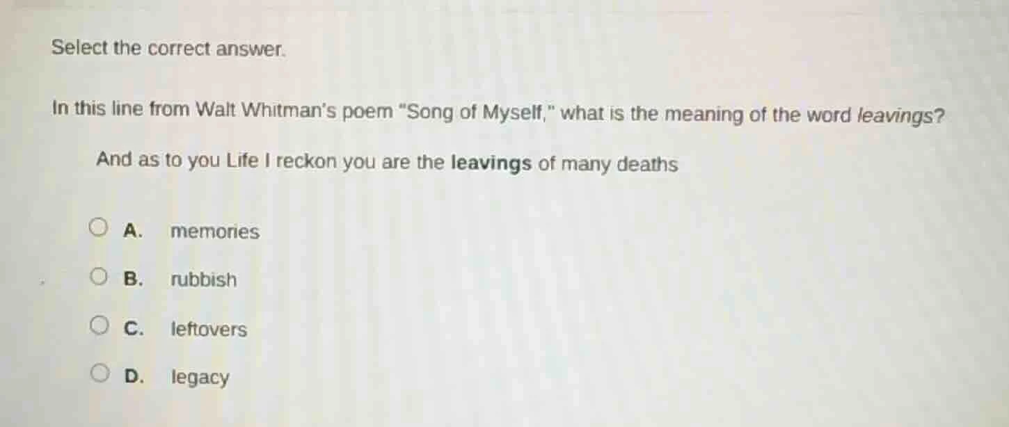 select the correct answer. in this line from walt whitman’s poem “song …