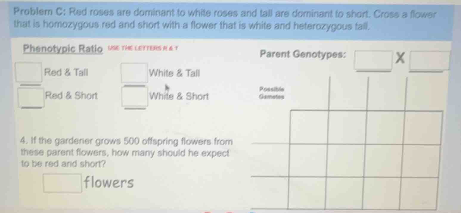 problem c: red roses are dominant to white roses and tall are dominant …