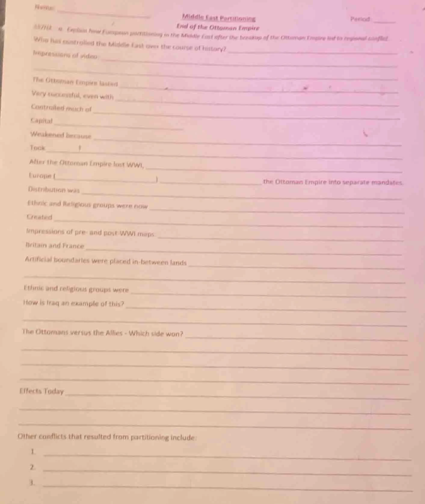 name middle east partitioning end of the ottoman empire period ss7h2 a.…