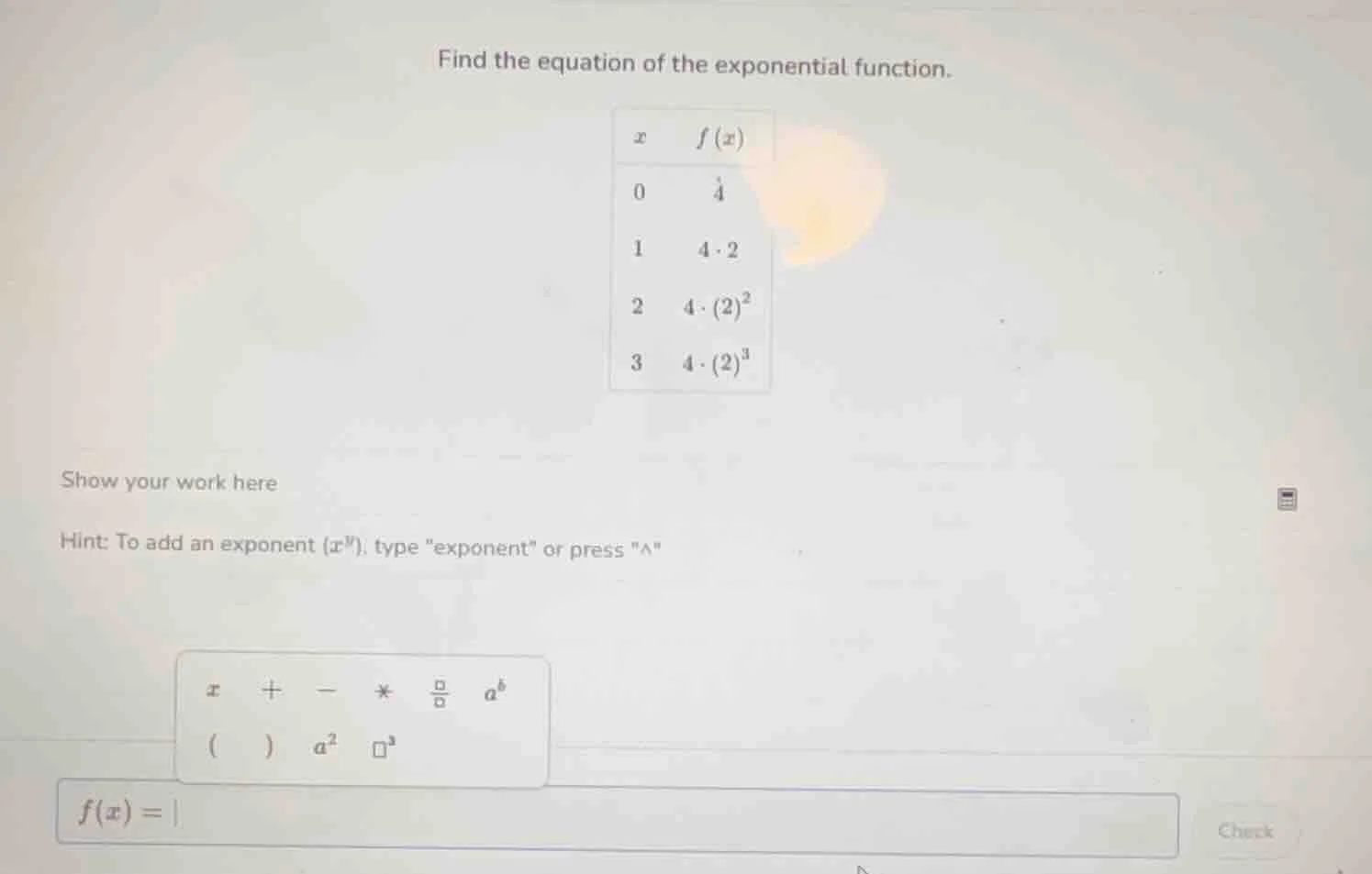 find the equation of the exponential function. | x | f(x) | |----|----|…