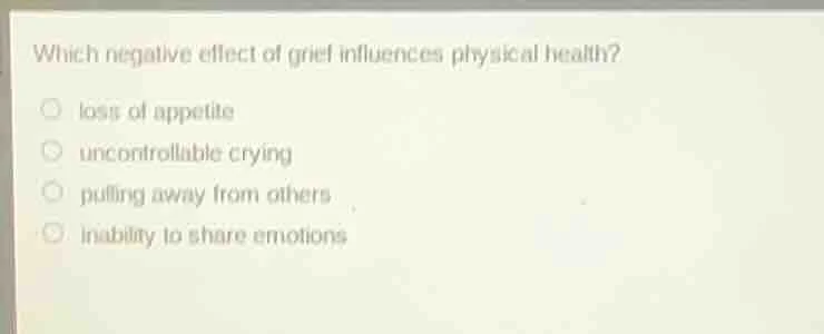 which negative effect of grief influences physical health? ○ loss of ap…