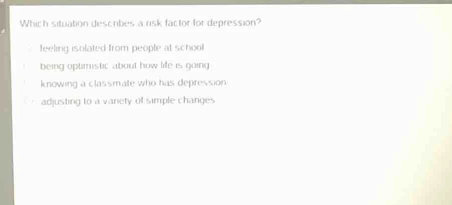 which situation describes a risk factor for depression? - feeling isola…
