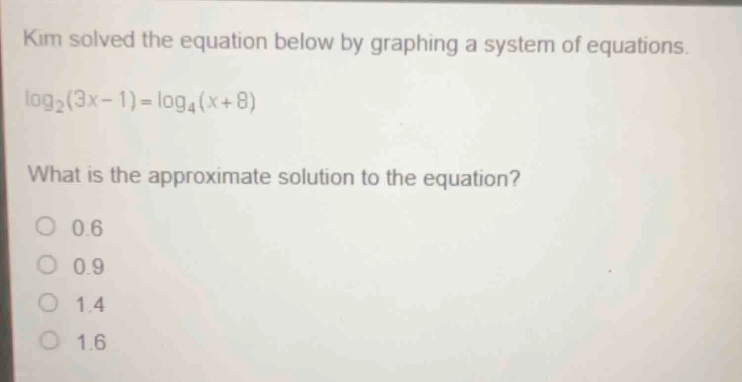 kim solved the equation below by graphing a system of equations.\\(\\lo…