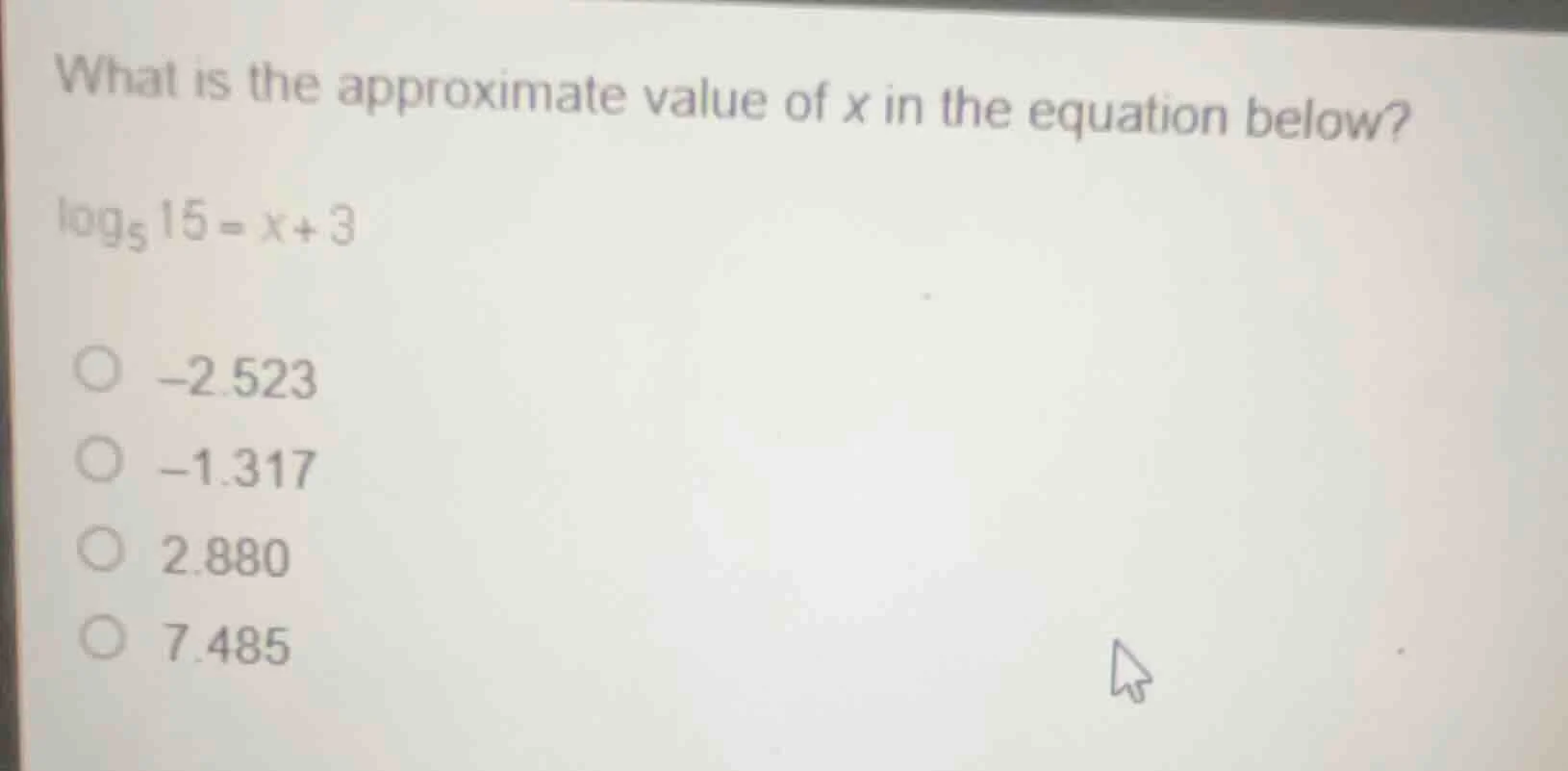 what is the approximate value of x in the equation below?\\(\\log_{5}15…