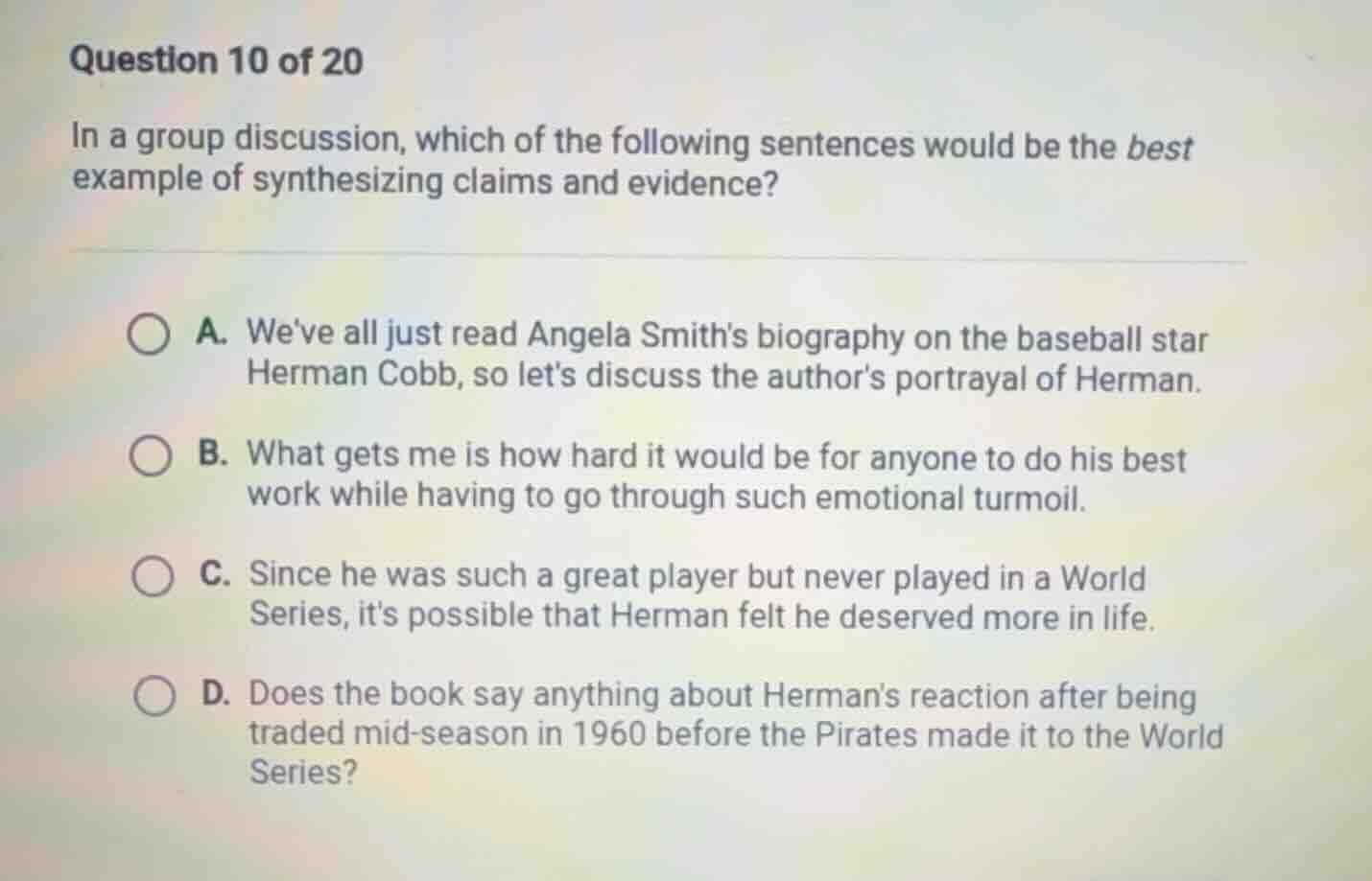 question 10 of 20 in a group discussion, which of the following sentenc…