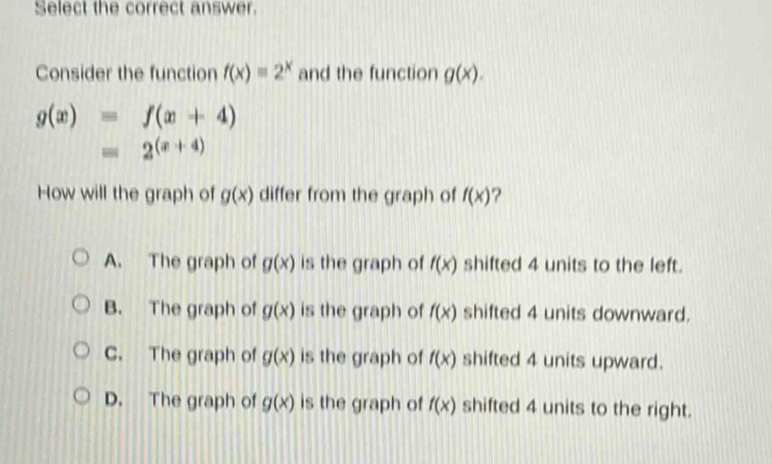 select the correct answer. consider the function $f(x) = 2^x$ and the f…