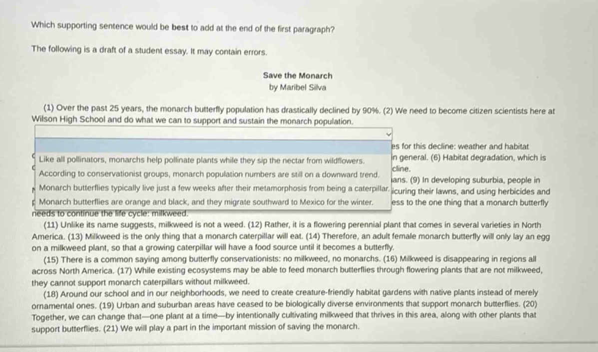 which supporting sentence would be best to add at the end of the first …