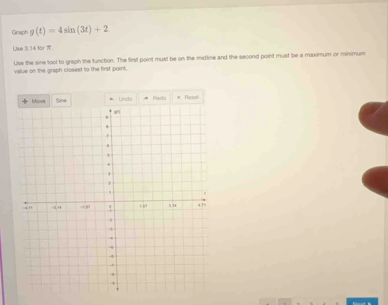 graph $g(t) = 4sin(3t) + 2$. use 3.14 for $pi$. use the sine tool to gr…