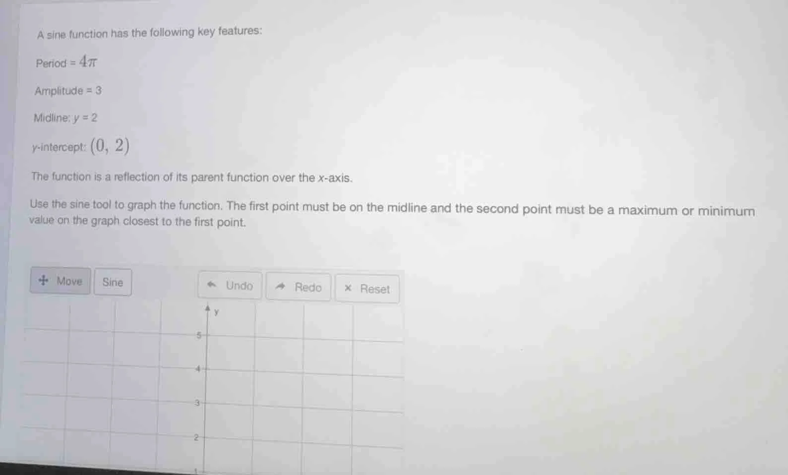 a sine function has the following key features: period = 4π amplitude =…