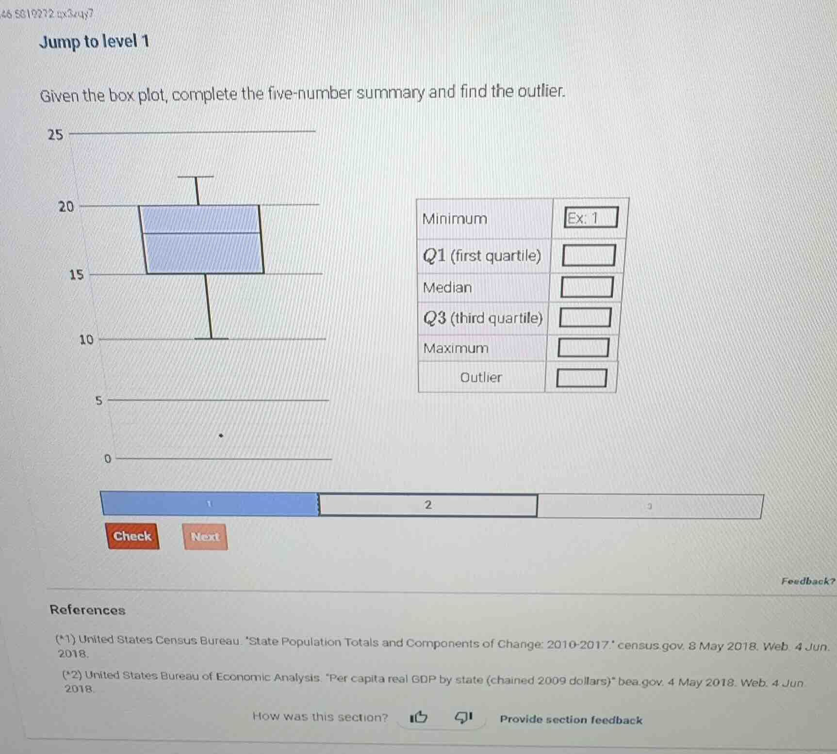 jump to level 1 given the box plot, complete the five - number summary …