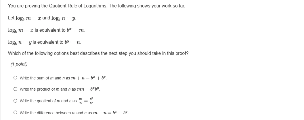 you are proving the quotient rule of logarithms. the following shows yo…