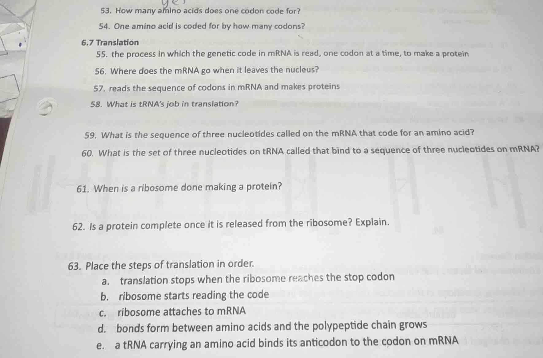 53. how many amino acids does one codon code for? 54. one amino acid is…