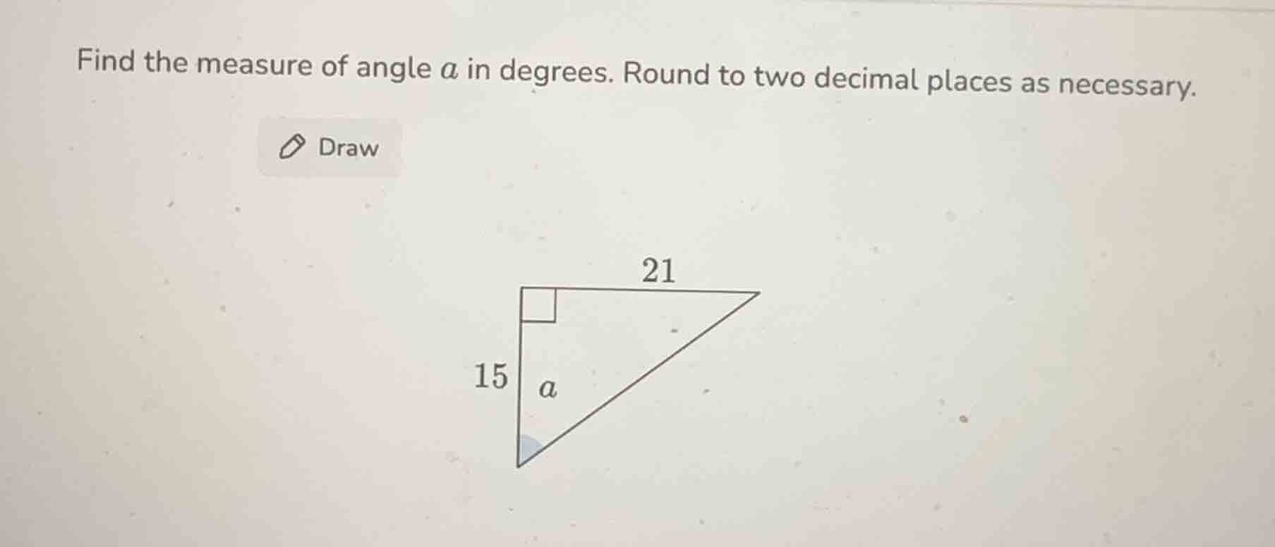 find the measure of angle a in degrees. round to two decimal places as …