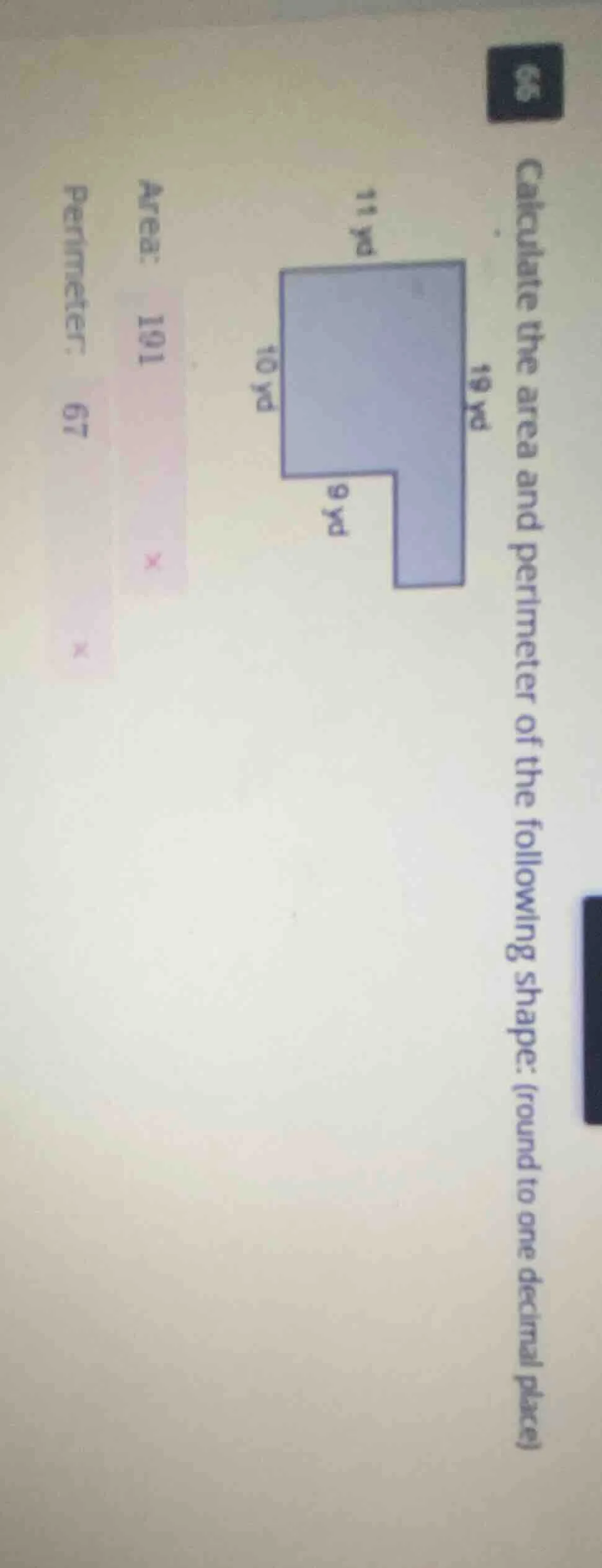 calculate the area and perimeter of the following shape: (round to one …