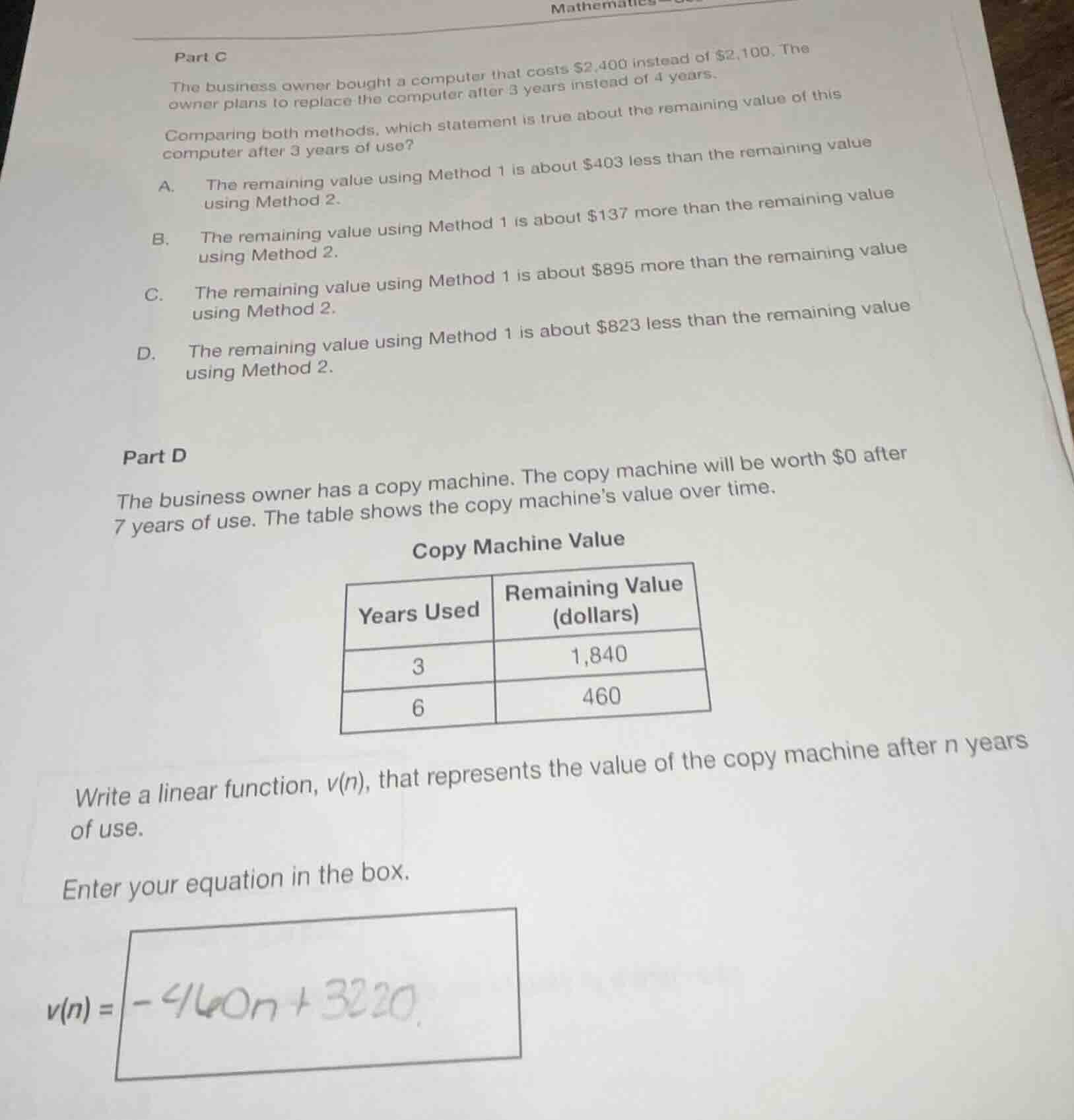 part c the business owner bought a computer that costs $2,400 instead o…