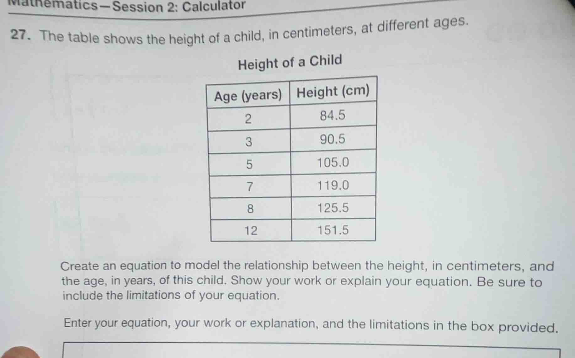mathematics—session 2: calculator 27. the table shows the height of a c…