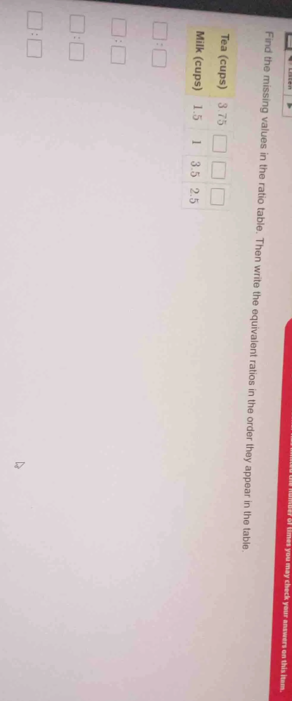 find the missing values in the ratio table. then write the equivalent r…