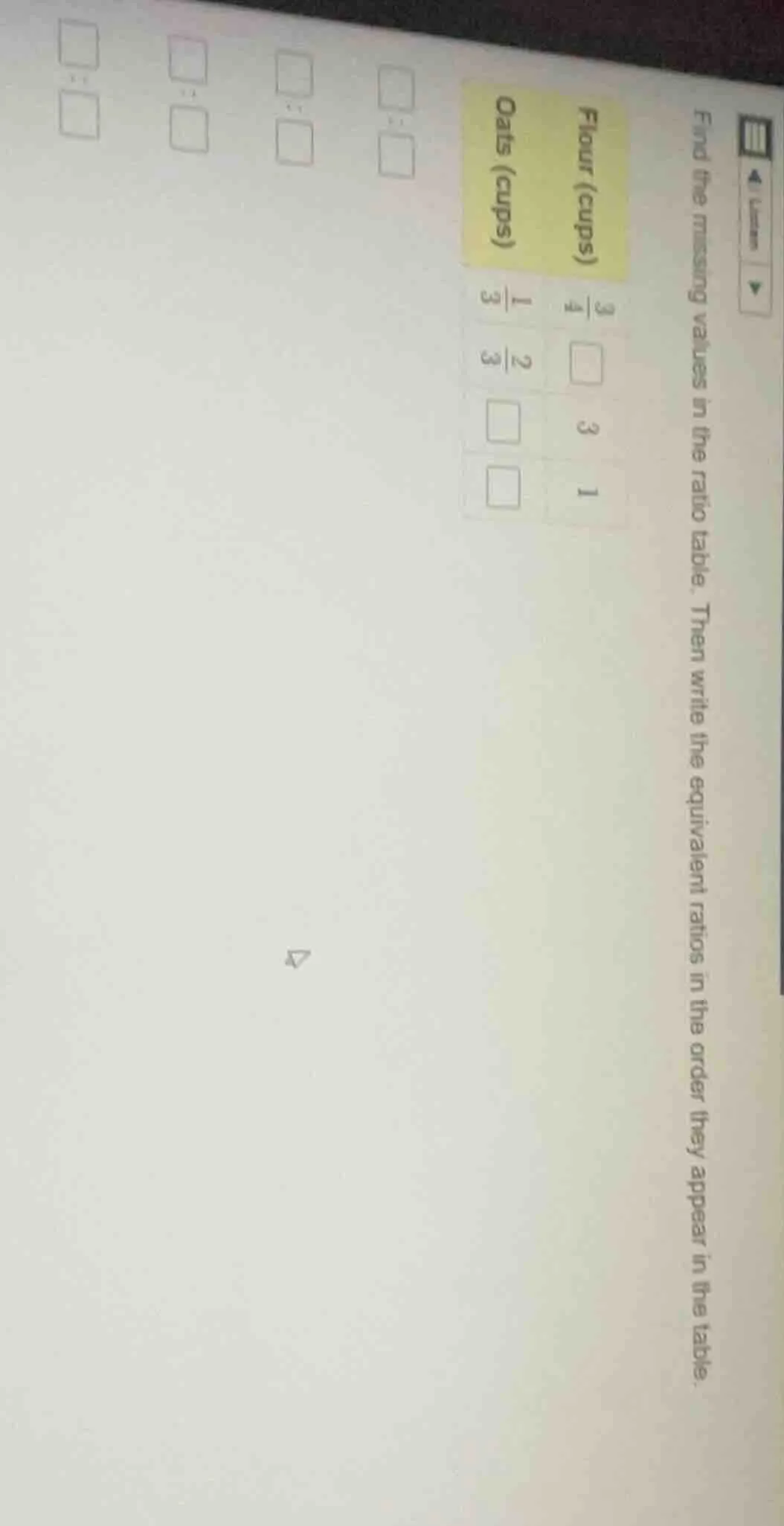 find the missing values in the ratio table. then write the equivalent r…