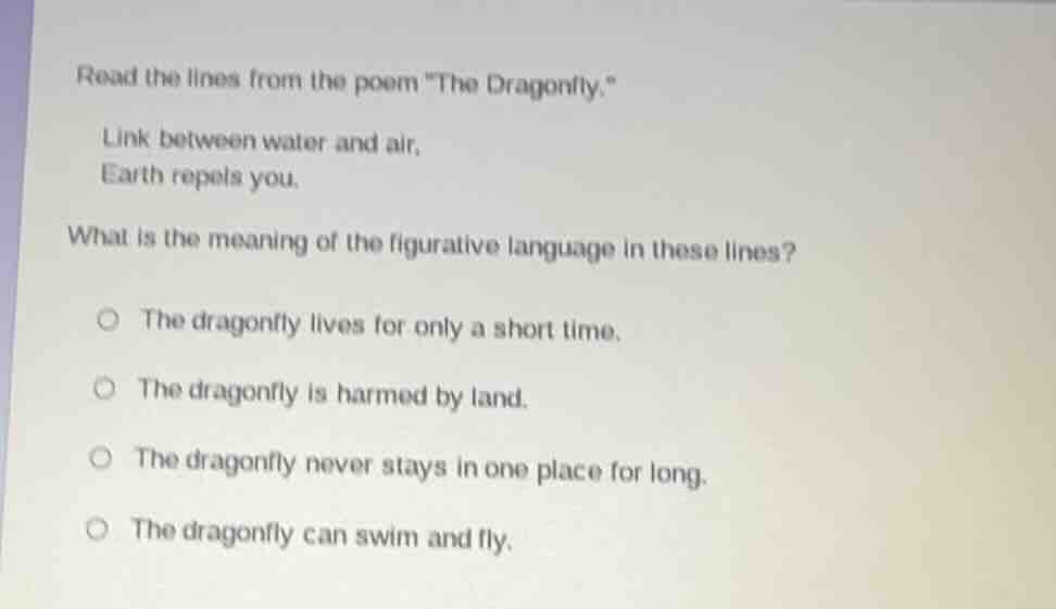 read the lines from the poem \the dragonfly.\ link between water and ai…
