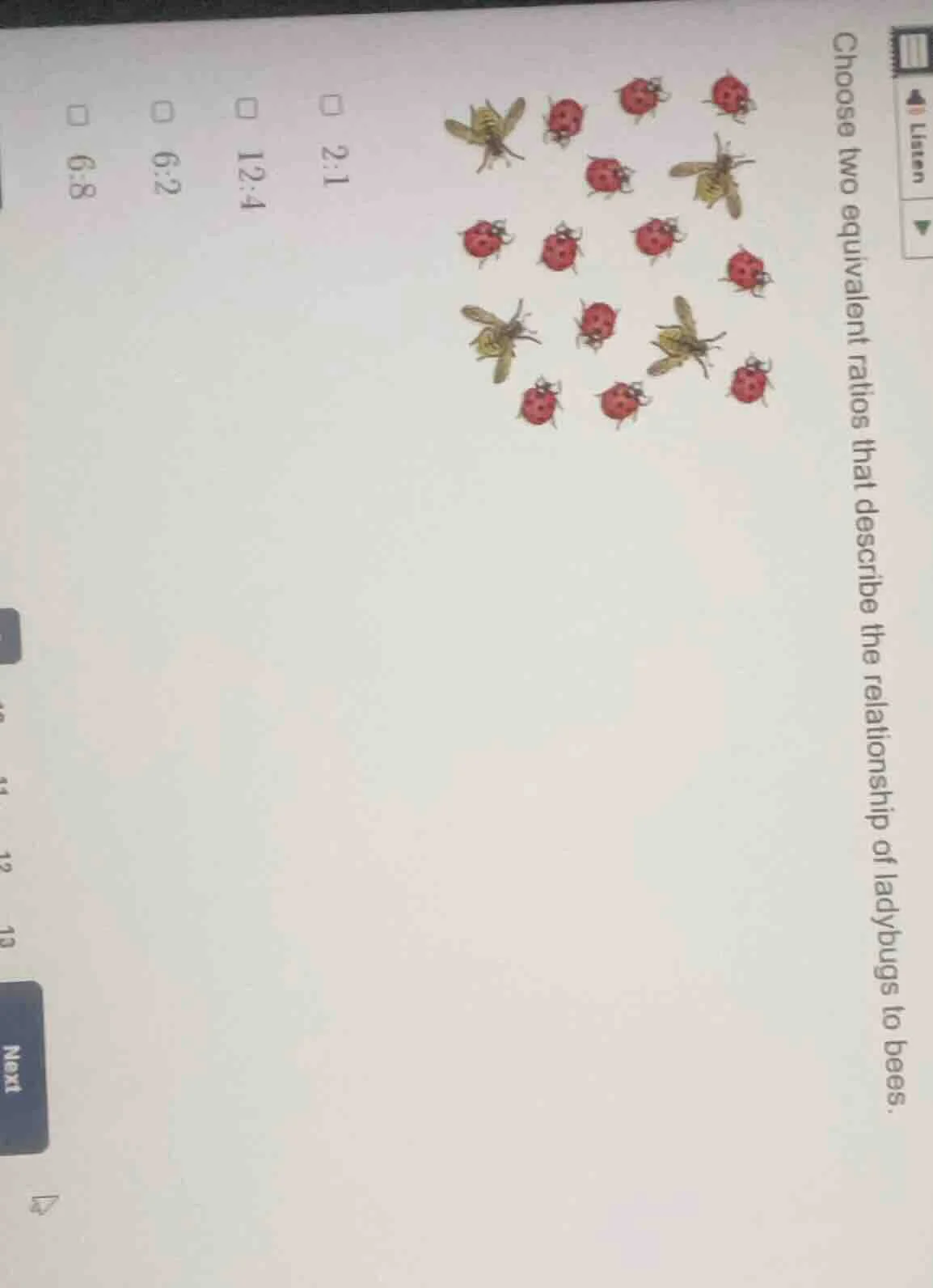 choose two equivalent ratios that describe the relationship of ladybugs…