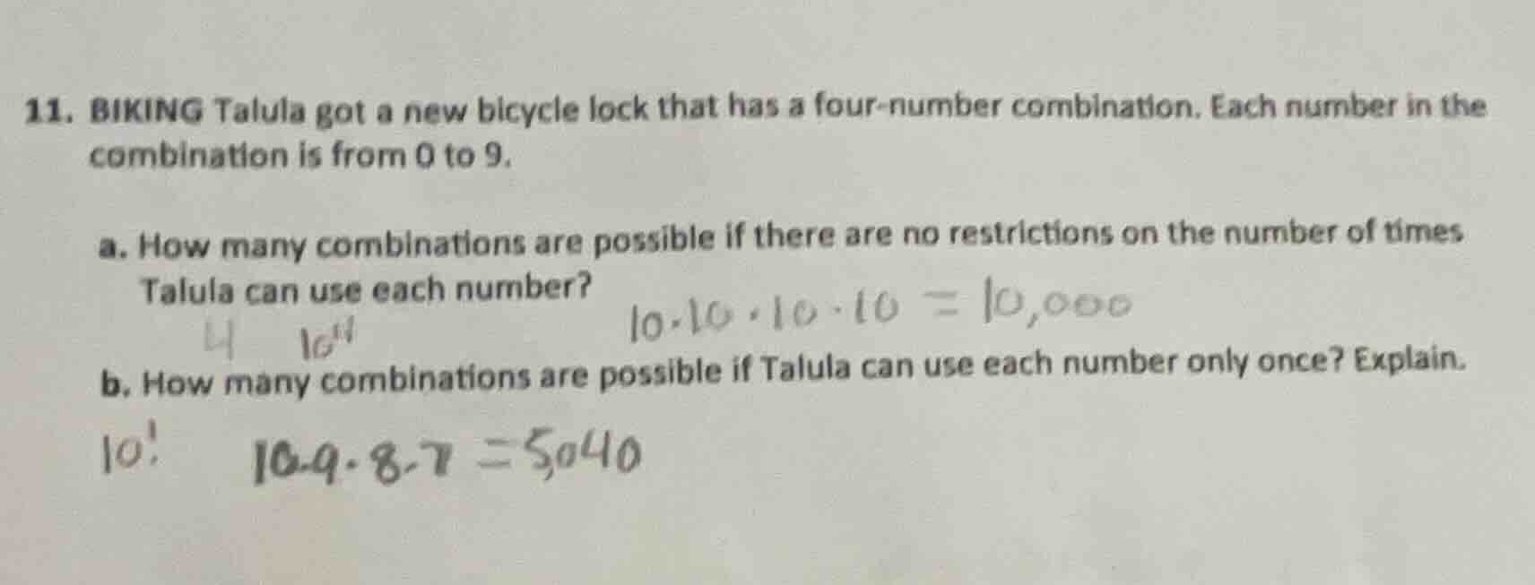 11. biking talula got a new bicycle lock that has a four - number combi…