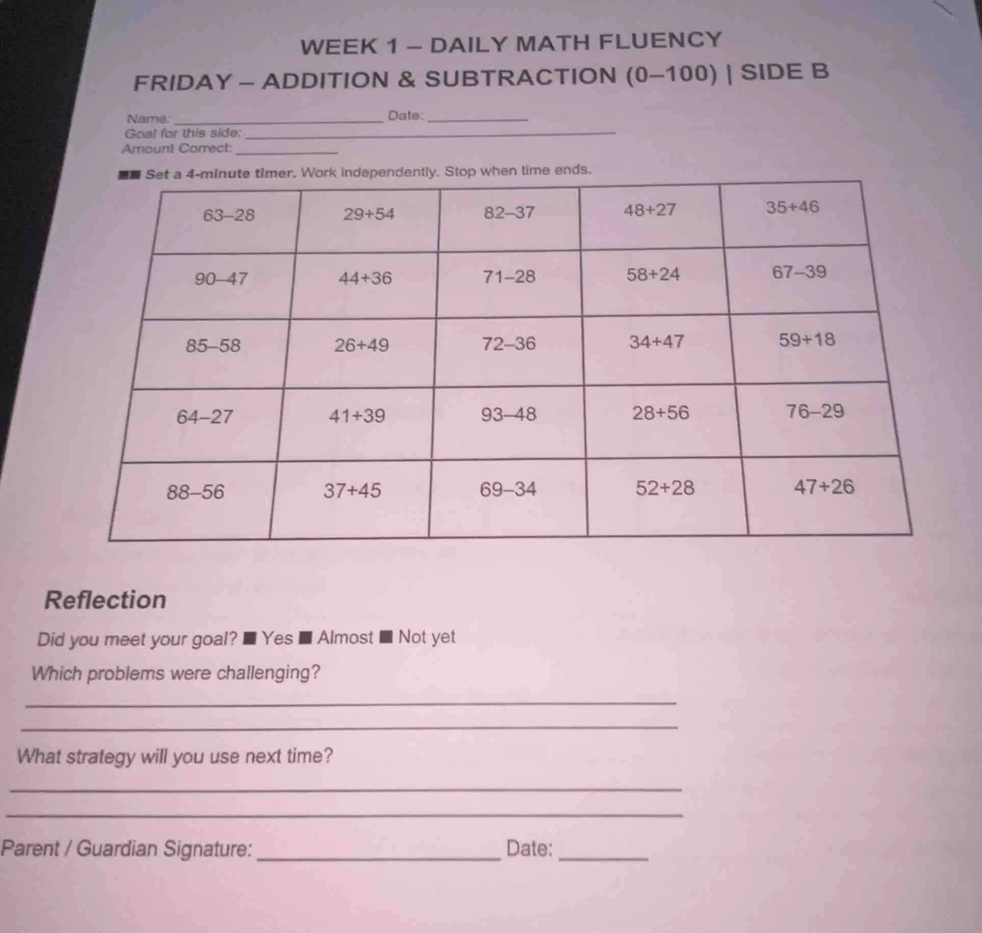 week 1 – daily math fluency friday – addition & subtraction (0–100) | s…