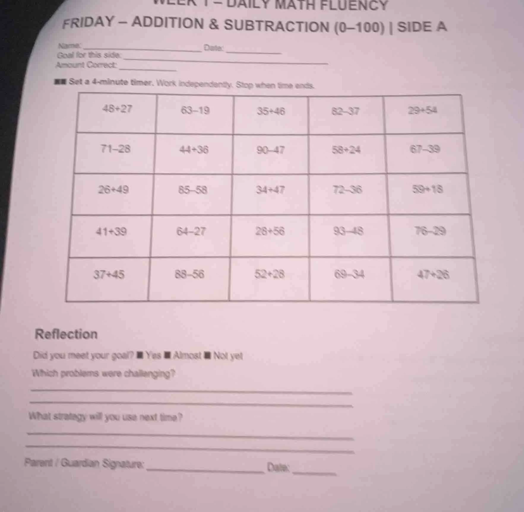 week 1 - daily math fluency friday – addition & subtraction (0–100) | s…