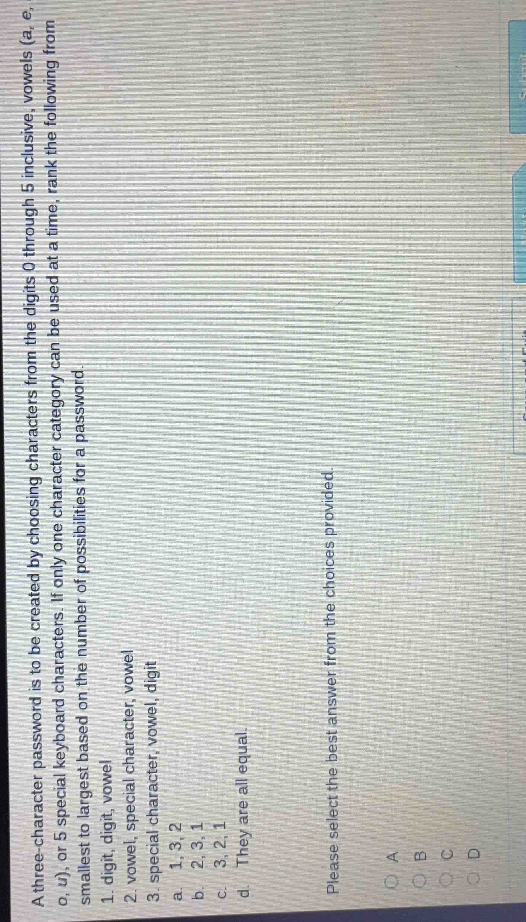 a three - character password is to be created by choosing characters fr…