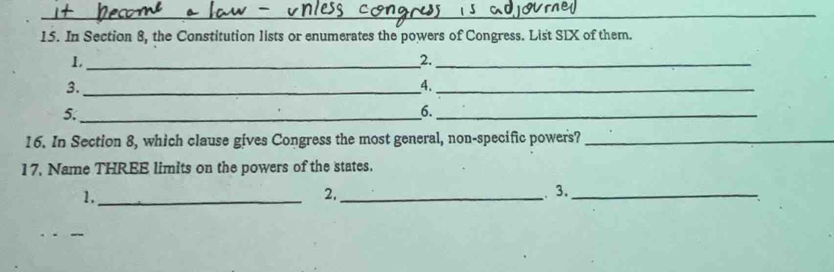 15. in section 8, the constitution lists or enumerates the powers of co…