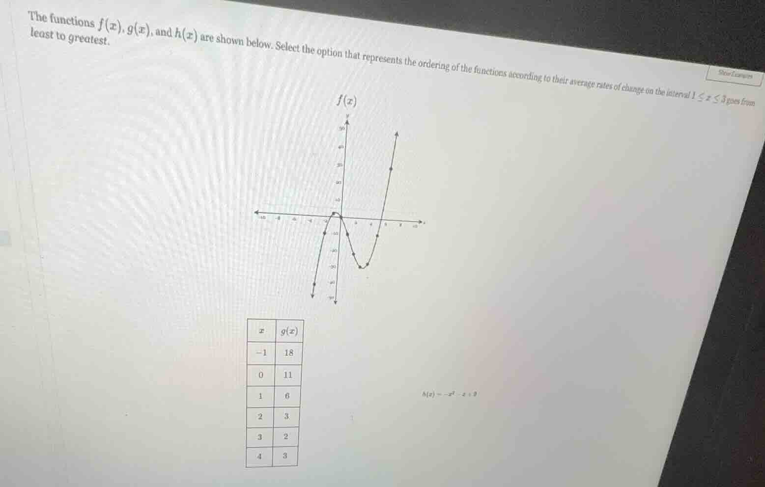 the functions $f(x)$, $g(x)$, and $h(x)$ are shown below. select the op…