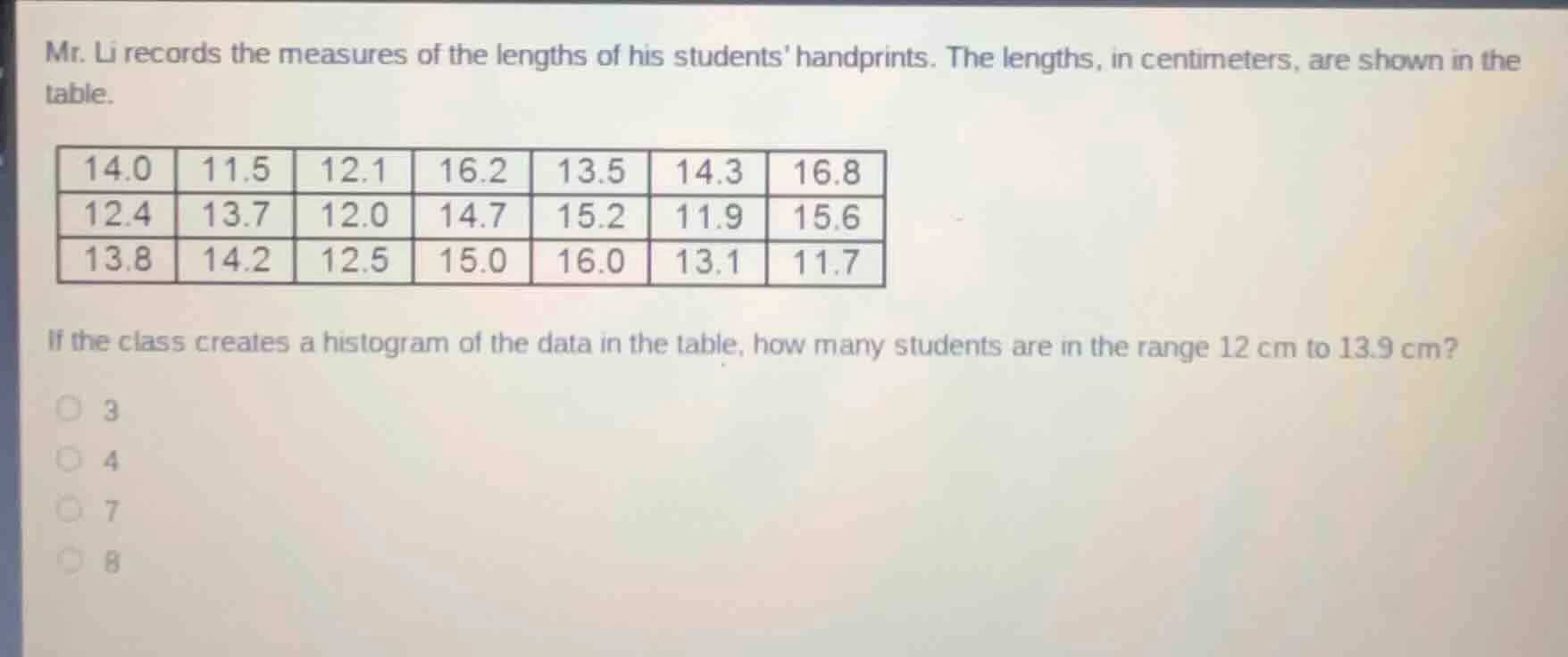mr. li records the measures of the lengths of his students handprints. …