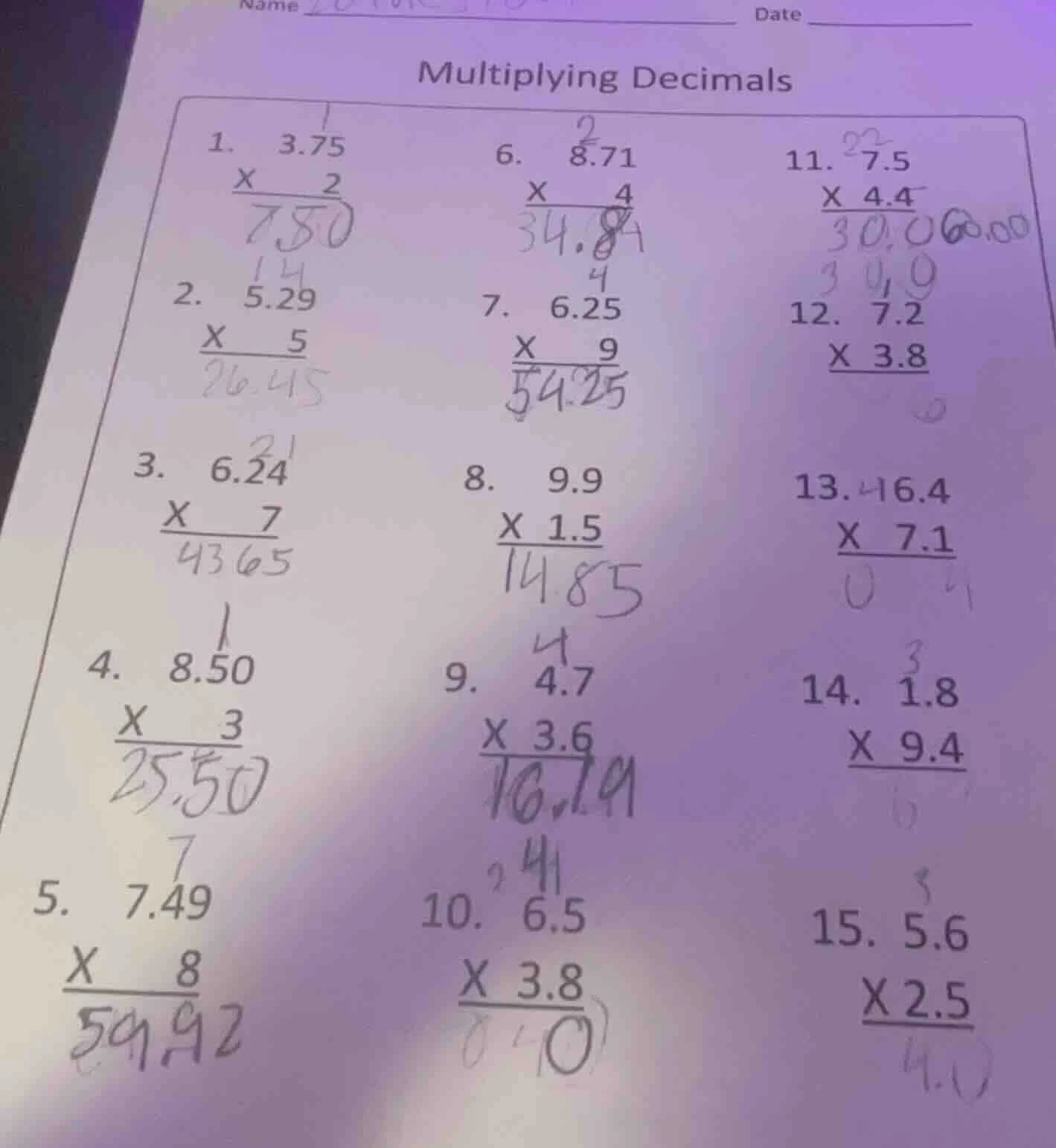 name ______________ date __________ multiplying decimals 1. 3.75 × 2 __…