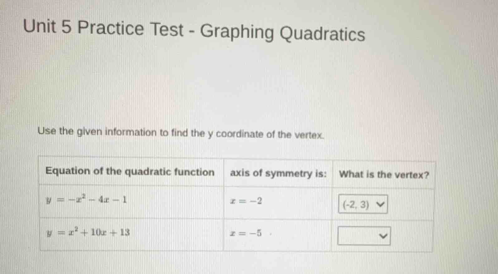 unit 5 practice test - graphing quadratics use the given information to…