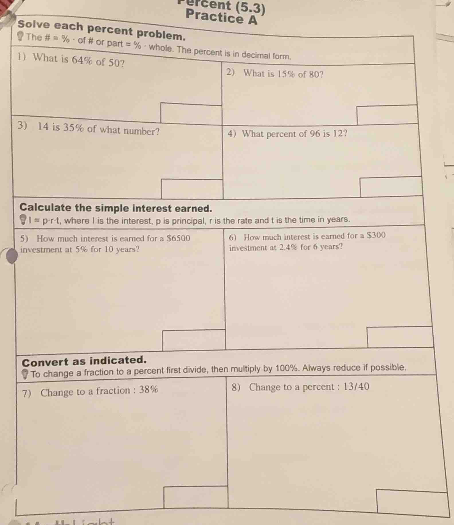 percent (5.3) practice a solve each percent problem. the # = % · of # o…