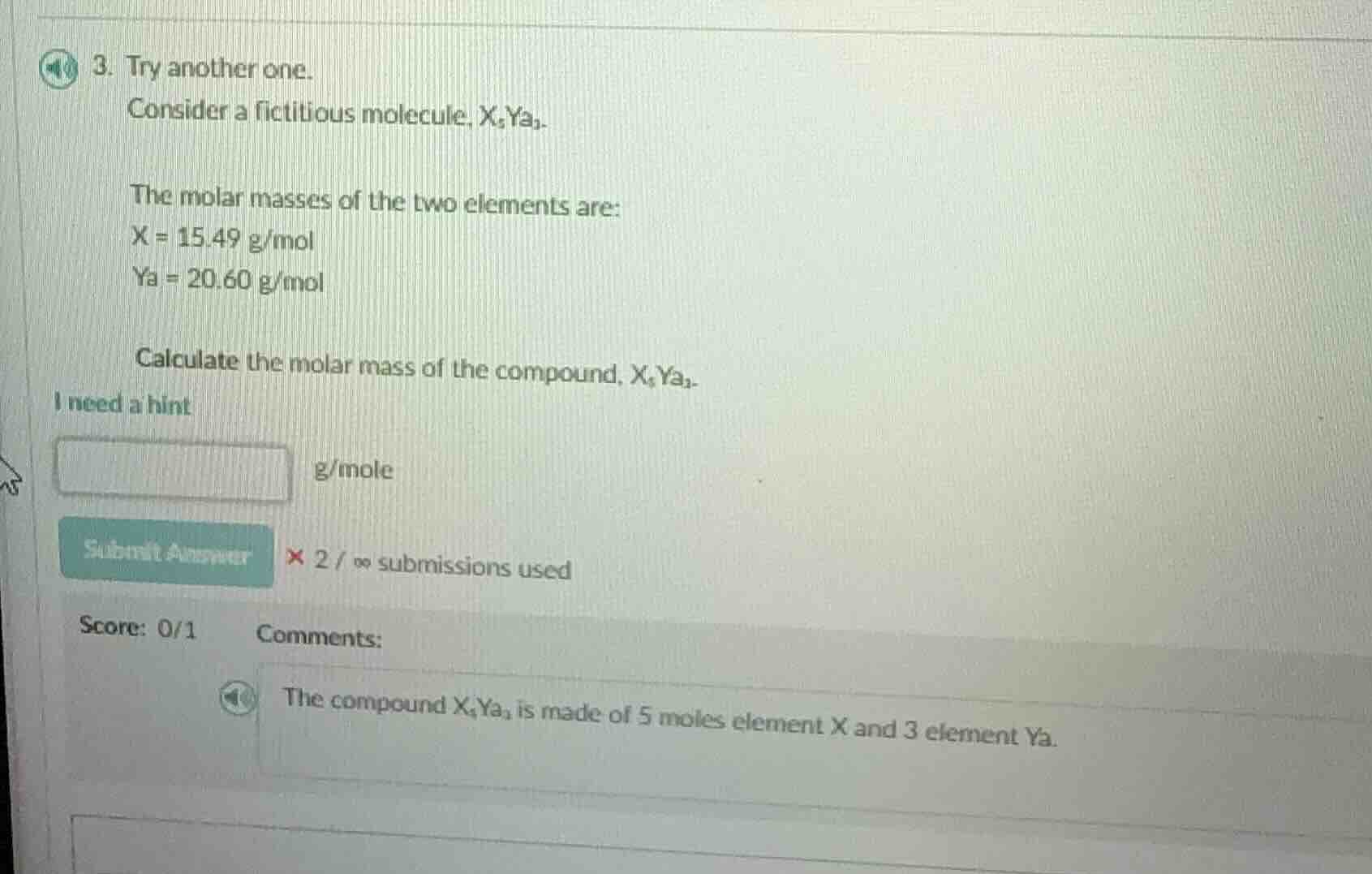 3. try another one. consider a fictitious molecule, x₅ya₃. the molar ma…