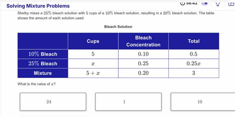 solving mixture problems shelby mixes a 25% bleach solution with 5 cups…