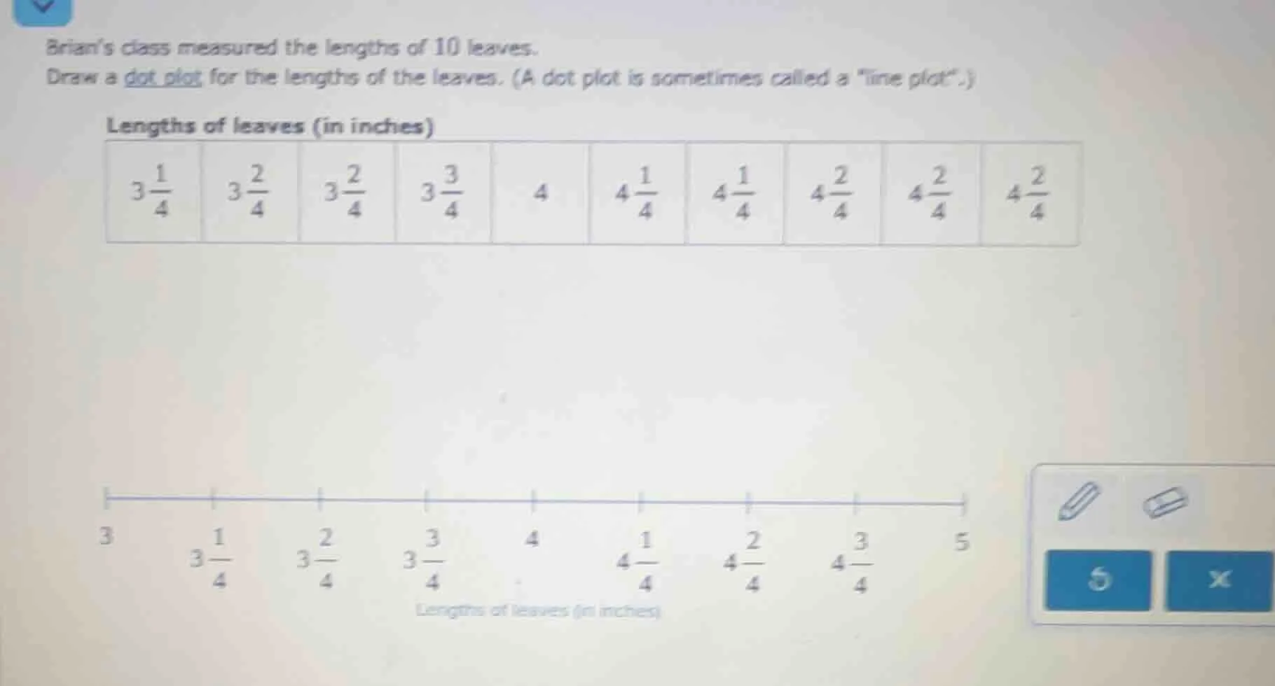 brian’s class measured the lengths of 10 leaves. draw a dot plot for th…