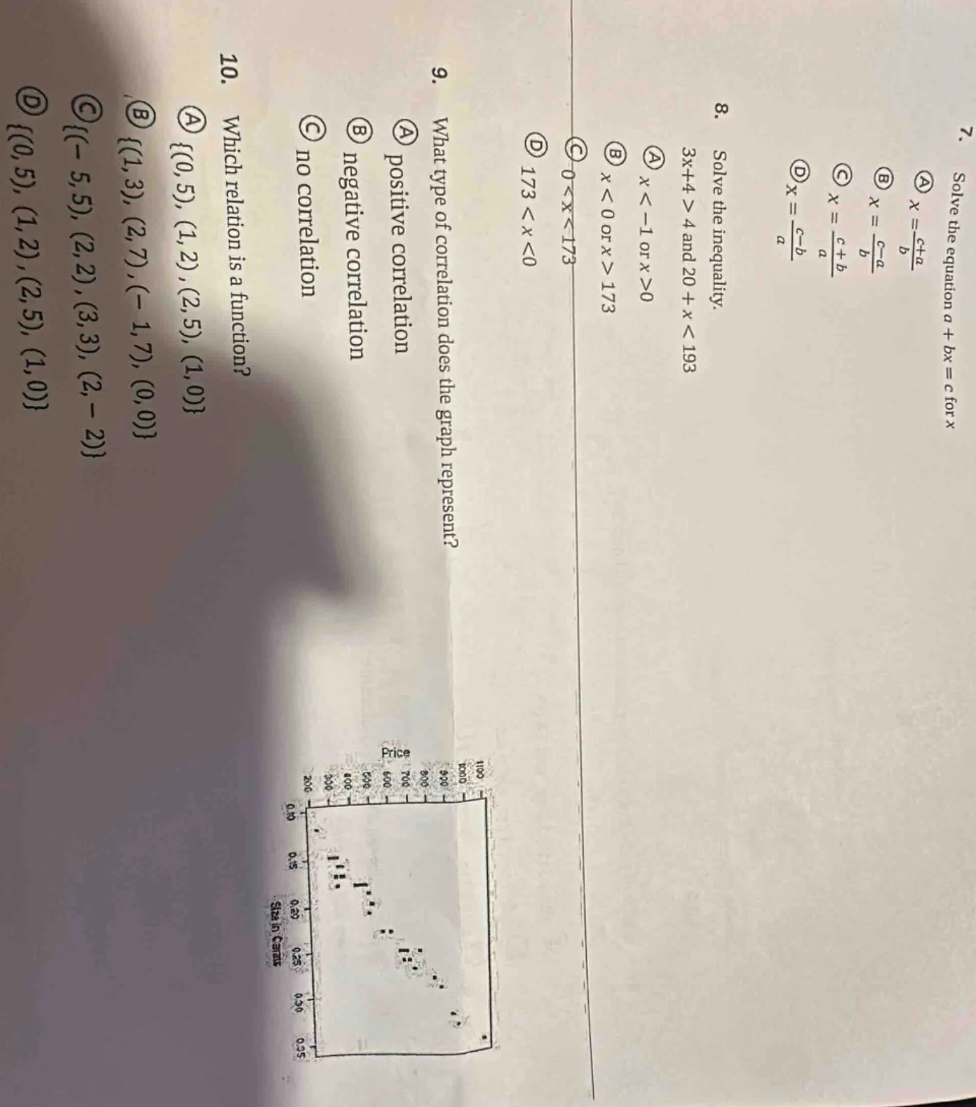 7. solve the equation ( a + bx = c ) for ( x ) a ( x = \frac{c + a}{b} …